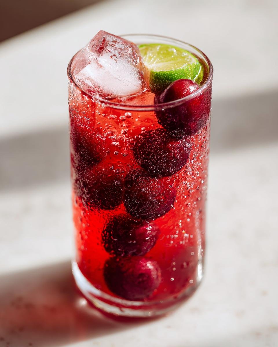 Ein Glas Honey Sweetened Cherry Limeade mit Kirschen, Limettenscheiben und Eisw&uuml;rfeln.