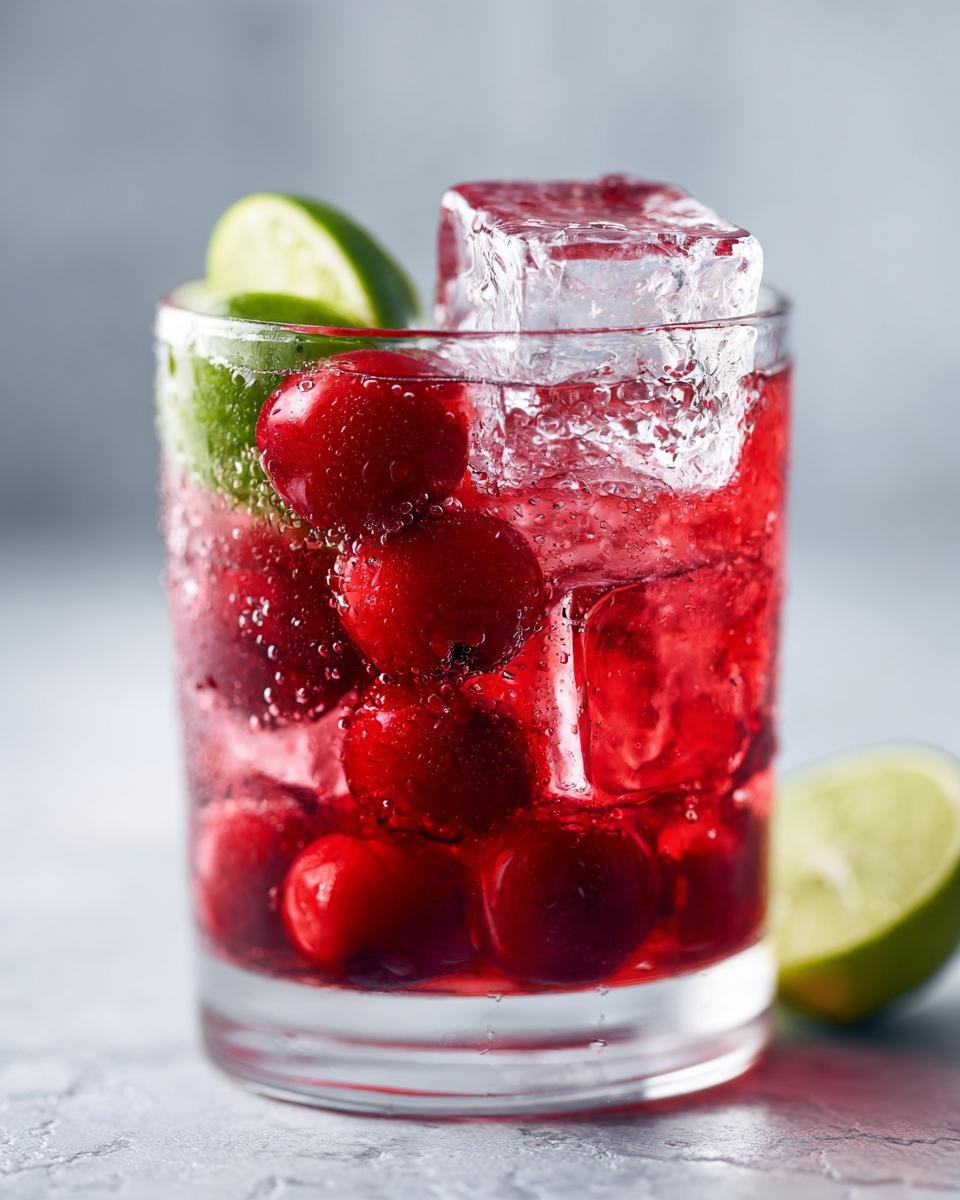 Ein Glas Honey Sweetened Cherry Limeade mit Kirschen, Limettenscheiben und Eisw&uuml;rfeln.