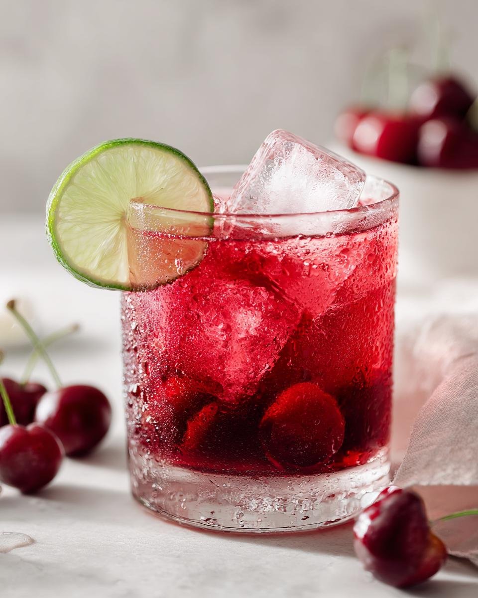 Ein Glas Honey Sweetened Cherry Limeade mit Kirschen, Eisw&uuml;rfeln und einer Limettenscheibe garniert.