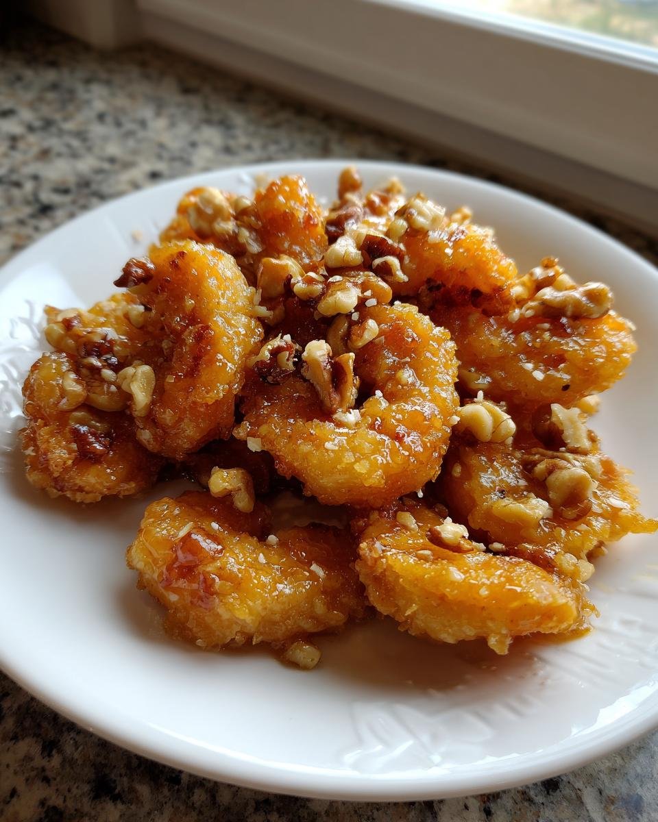 Nahaufnahme von Honey Walnut Shrimp, frittierte Garnelen in Honigglasur mit gehackten Waln&uuml;ssen.