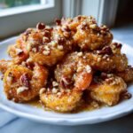 Nahaufnahme von saftigem Honey Walnut Shrimp, bedeckt mit einer gl&auml;nzenden Honigglasur und gehackten Pekann&uuml;ssen.