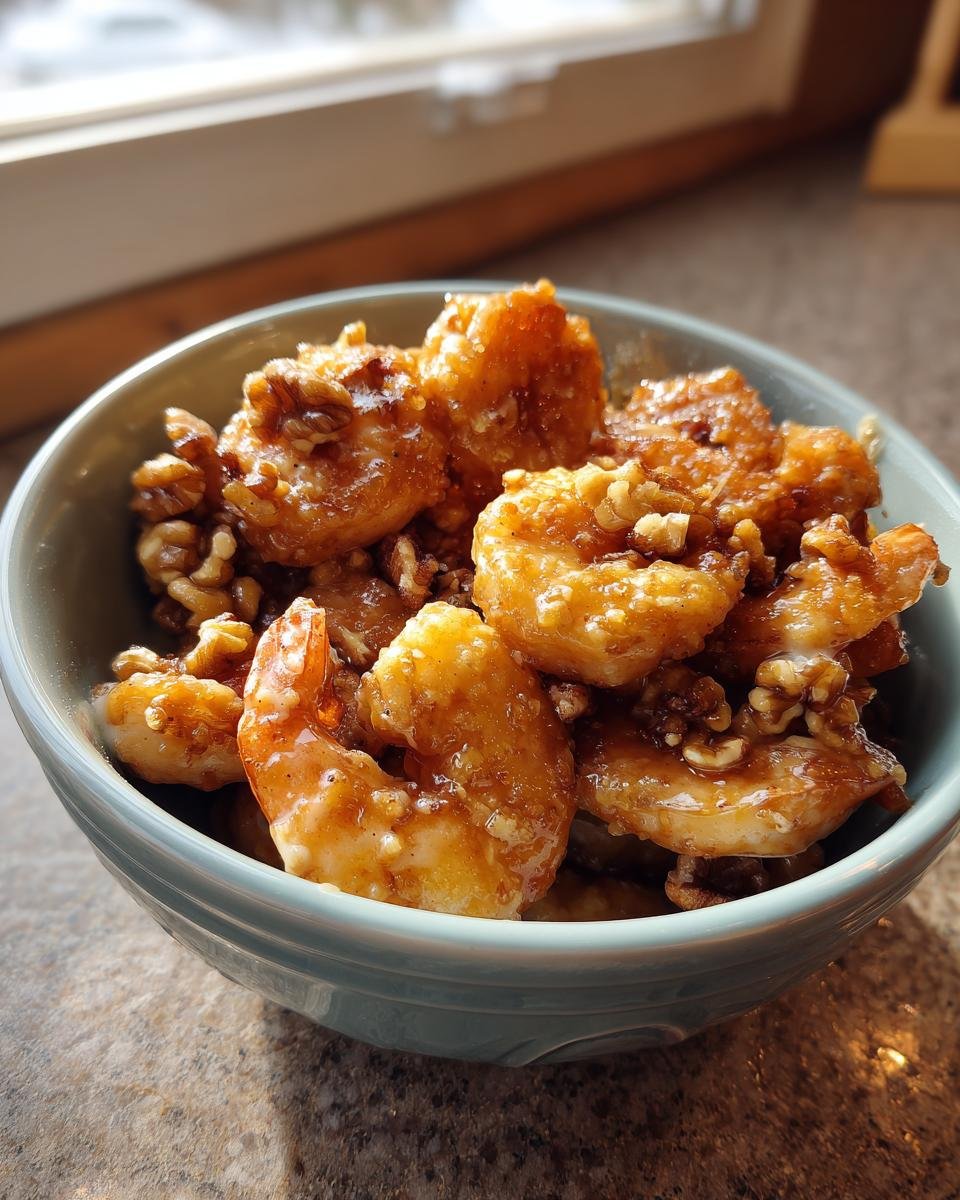 Nahaufnahme von glasiertem Honey Walnut Shrimp mit Waln&uuml;ssen in einer hellblauen Sch&uuml;ssel.