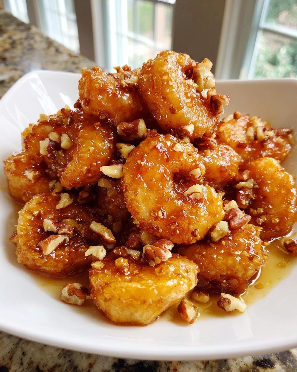 Nahaufnahme von frittierten Garnelen, &uuml;berzogen mit Honigglasur und gehackten Waln&uuml;ssen: Honey Walnut Shrimp.