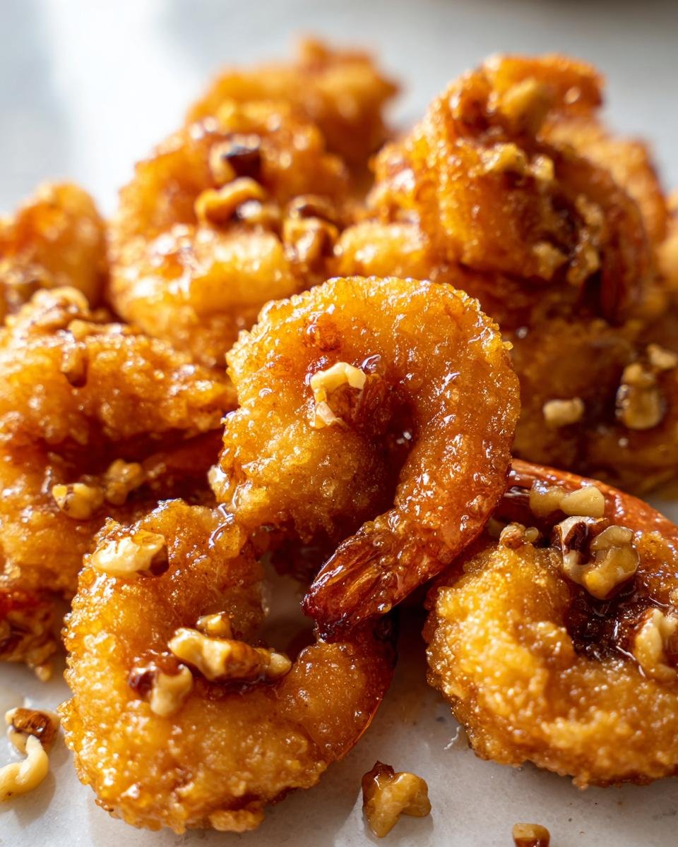 Goldbraun frittierte Garnelen, &uuml;berzogen mit Honigglasur und Waln&uuml;ssen, ein perfektes Honey Walnut Shrimp.