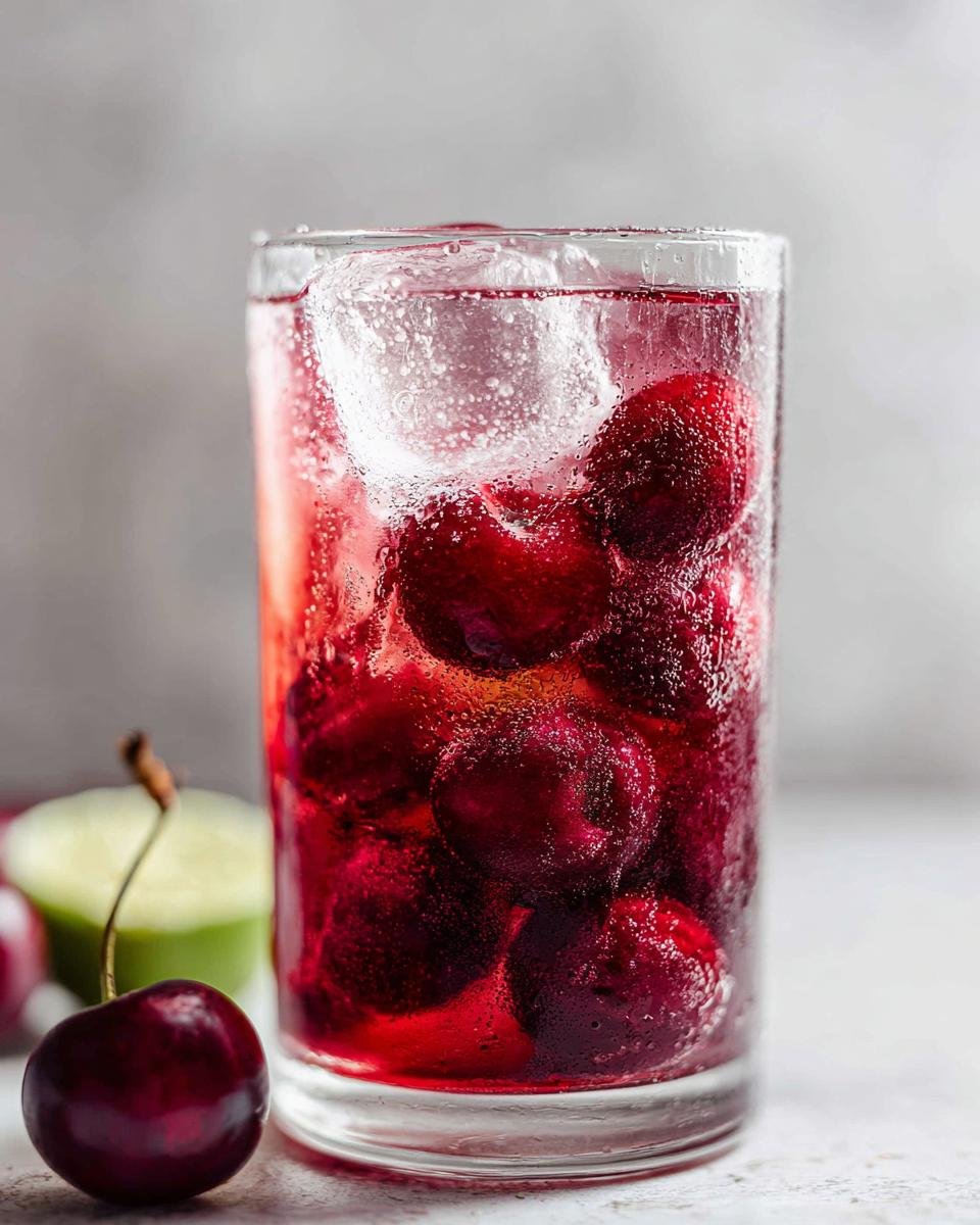 Nahaufnahme eines Glases Honigges&uuml;&szlig;te Kirsch-Limonade mit Eisw&uuml;rfeln und frischen Kirschen.