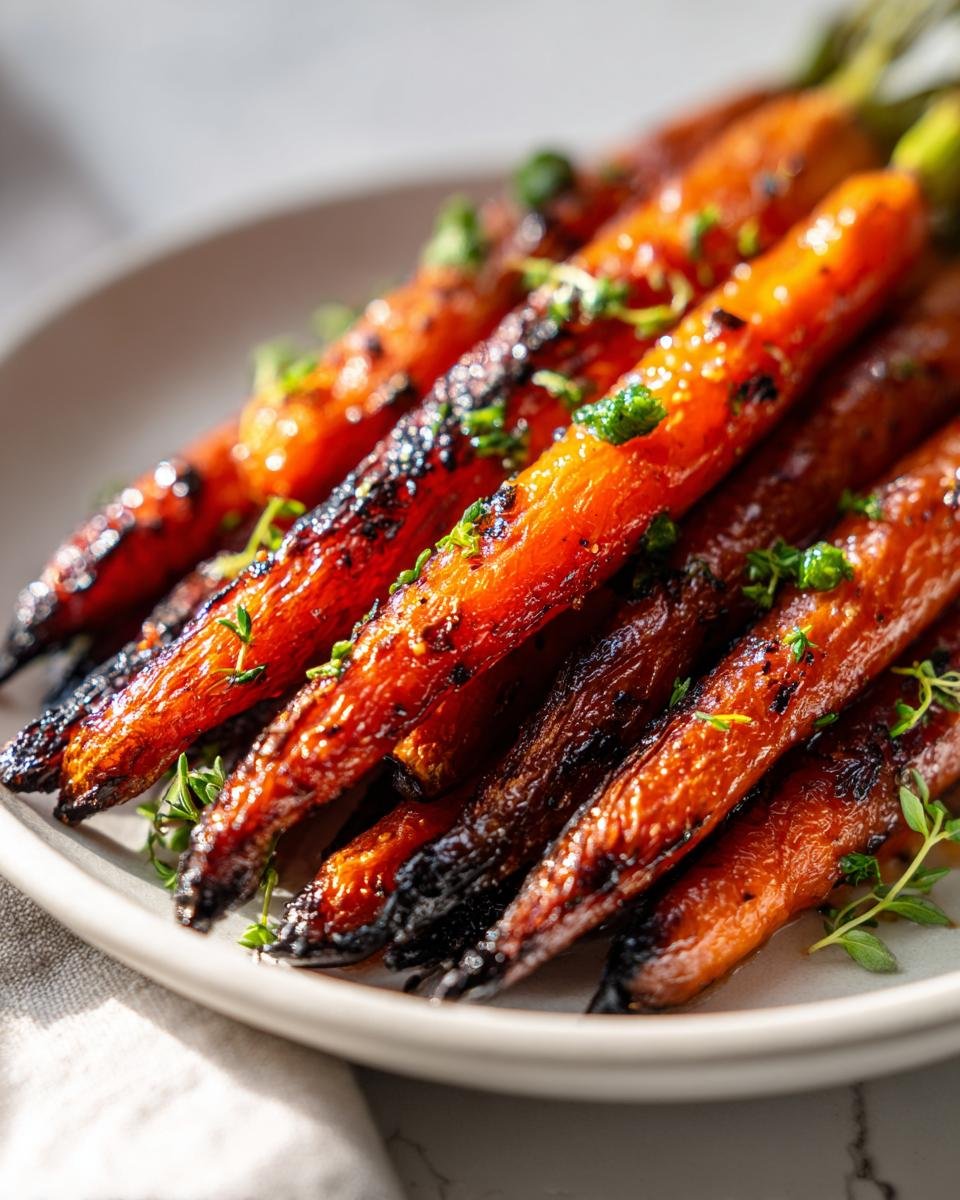 Nahaufnahme von glasierten Honig-Knoblauch-Butter Karotten, garniert mit frischen Kr&auml;utern.
