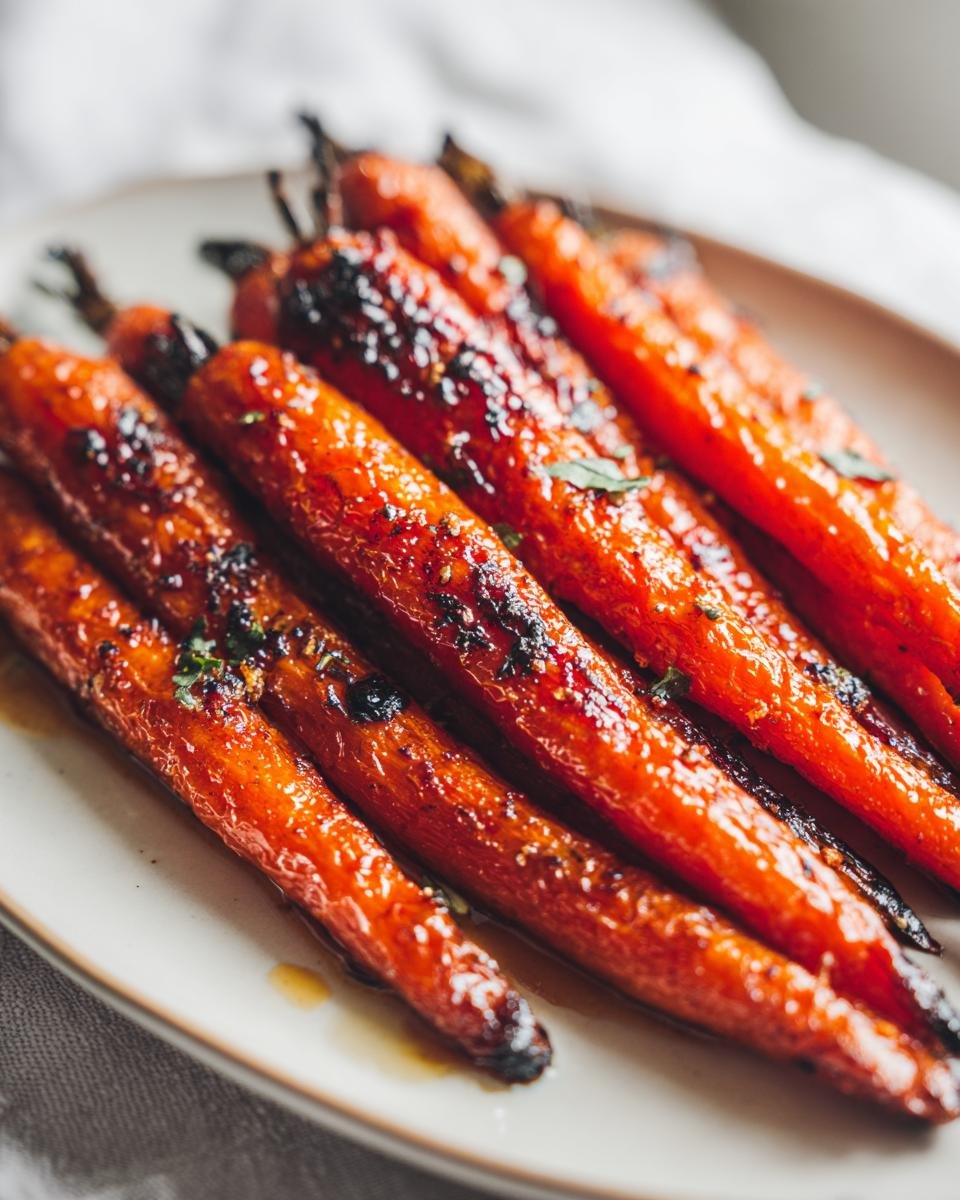 Nahaufnahme von glasierten Honig-Knoblauch-Karotten, die auf einem hellen Teller liegen und leicht karamellisiert sind.
