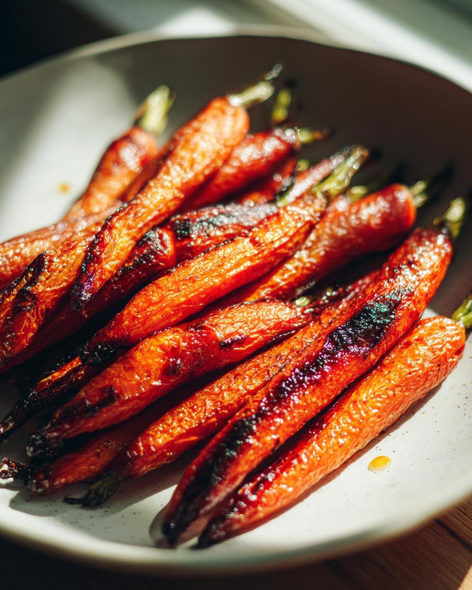 Nahaufnahme von glasierten, ger&ouml;steten Honey Garlic Butter Roasted Carrots auf einem Teller.