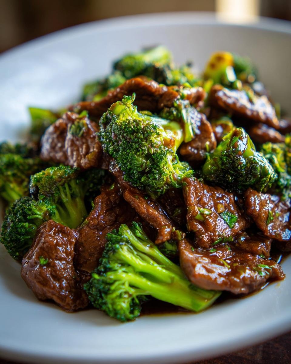 Nahaufnahme von saftigem Instant Pot Beef And Broccoli mit glänzender dunkler Sauce auf einem weißen Teller.