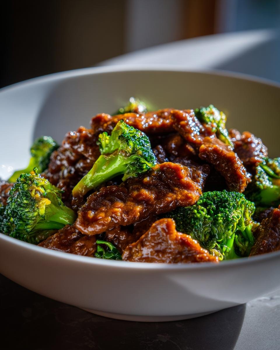 Nahaufnahme von saftigem Instant Pot Beef And Broccoli mit glänzender dunkler Soße in einer weißen Schüssel.