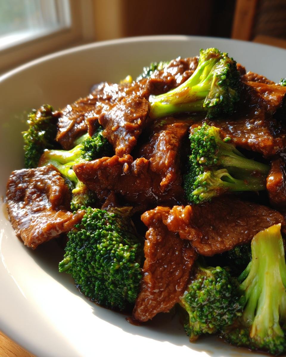 Nahaufnahme von saftigem Instant Pot Beef And Broccoli mit dunkler Soße in einer weißen Schale.