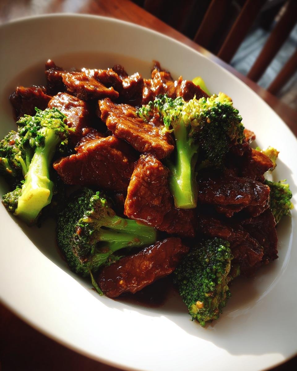 Nahaufnahme von saftigem Instant Pot Beef And Broccoli in dunkler Soße auf einem weißen Teller.