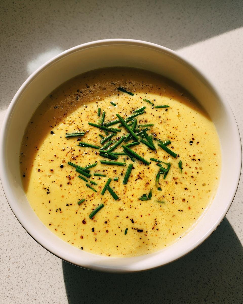 Nahaufnahme einer cremigen, gelben Instant Pot Kartoffelsuppe, garniert mit frischem Schnittlauch und Pfeffer.