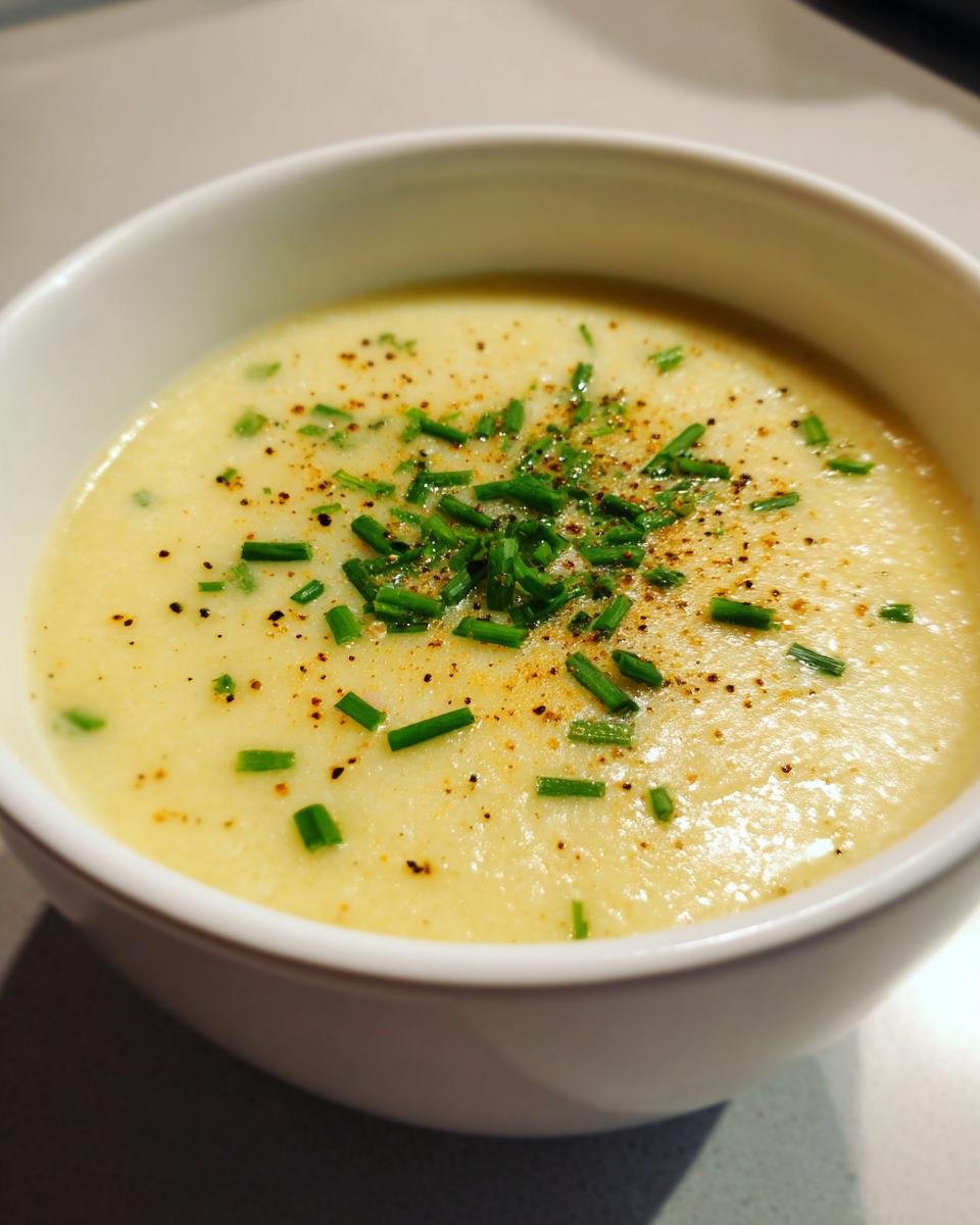 Nahaufnahme einer cremigen Instant Pot Kartoffelsuppe, garniert mit frischem Schnittlauch und Pfeffer.