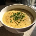 Nahaufnahme einer cremigen Instant Pot Kartoffelsuppe, garniert mit frischem Schnittlauch und schwarzem Pfeffer.