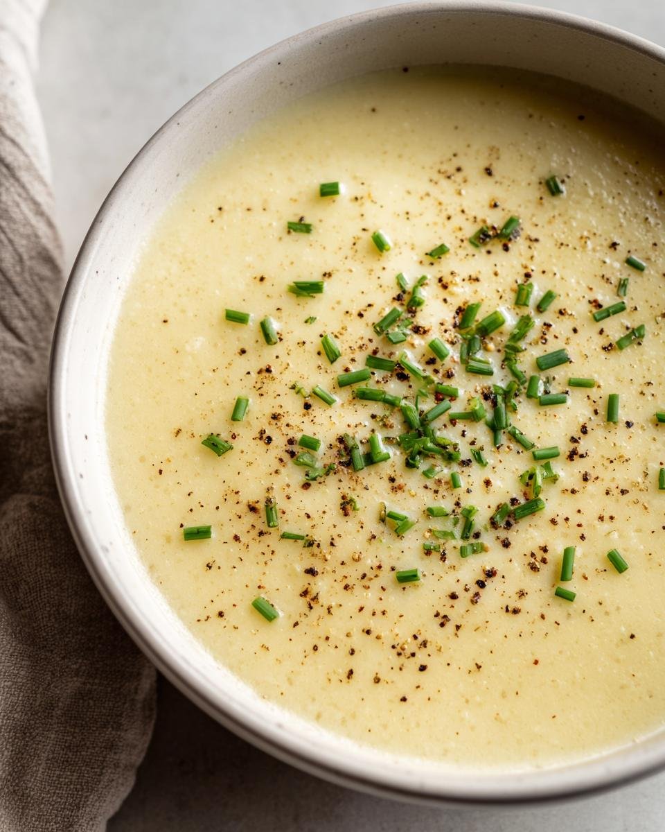 Nahaufnahme einer cremigen Instant Pot Kartoffelsuppe, garniert mit frischem Schnittlauch und schwarzem Pfeffer.