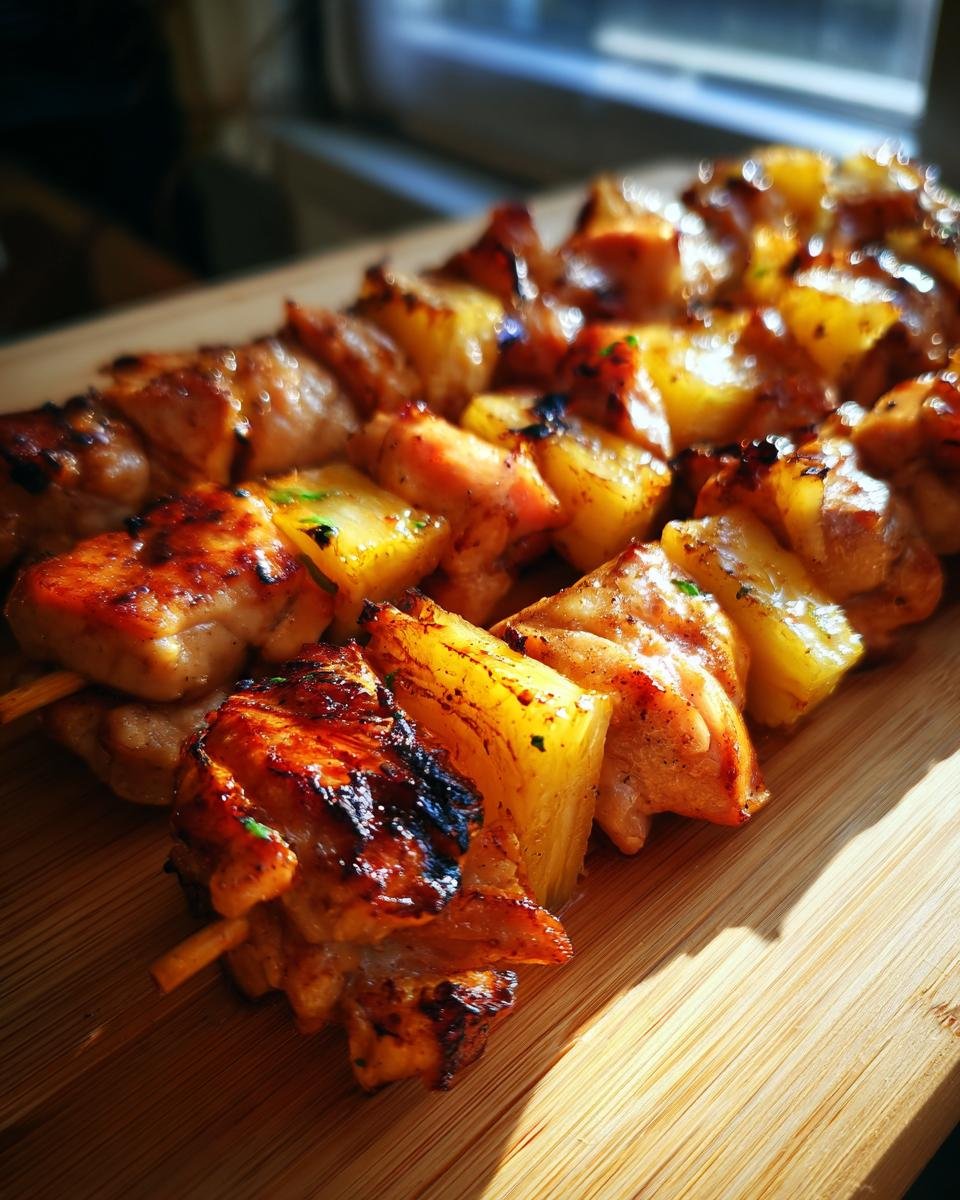 Nahaufnahme von gegrillten Irresistible Pineapple Chicken Kebabs auf einem Holzbrett, mit gebr&auml;unten H&auml;hnchenst&uuml;cken und karamellisierten Ananasst&uuml;cken.