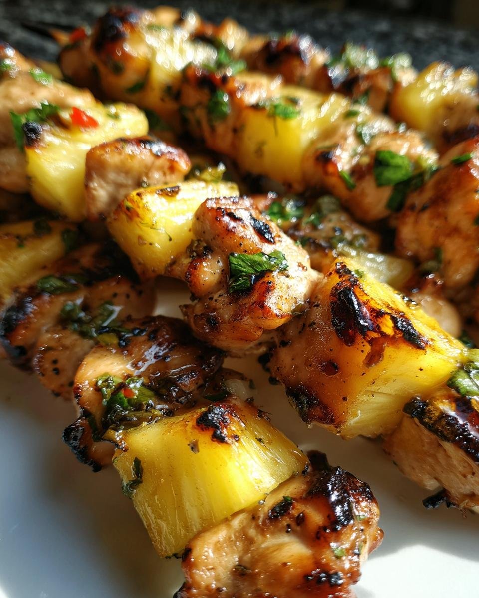 Nahaufnahme von gegrillten H&auml;hnchenst&uuml;cken und Ananasst&uuml;cken auf Spie&szlig;en, garniert mit Kr&auml;utern.