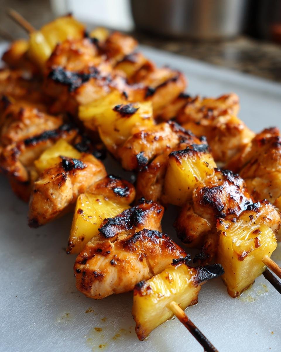 Nahaufnahme von gegrillten H&auml;hnchenst&uuml;cken und Ananasst&uuml;cken auf Spie&szlig;en, perfekt f&uuml;r Irresistible Pineapple Chicken Kebabs.