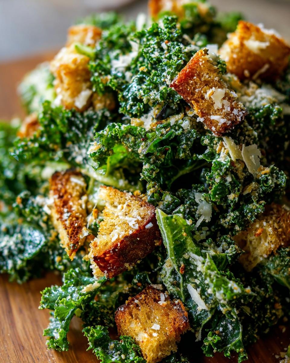 Nahaufnahme eines himmlischen Gr&uuml;nkohl-Caesar-Salats mit ger&ouml;steten Croutons und Parmesan.