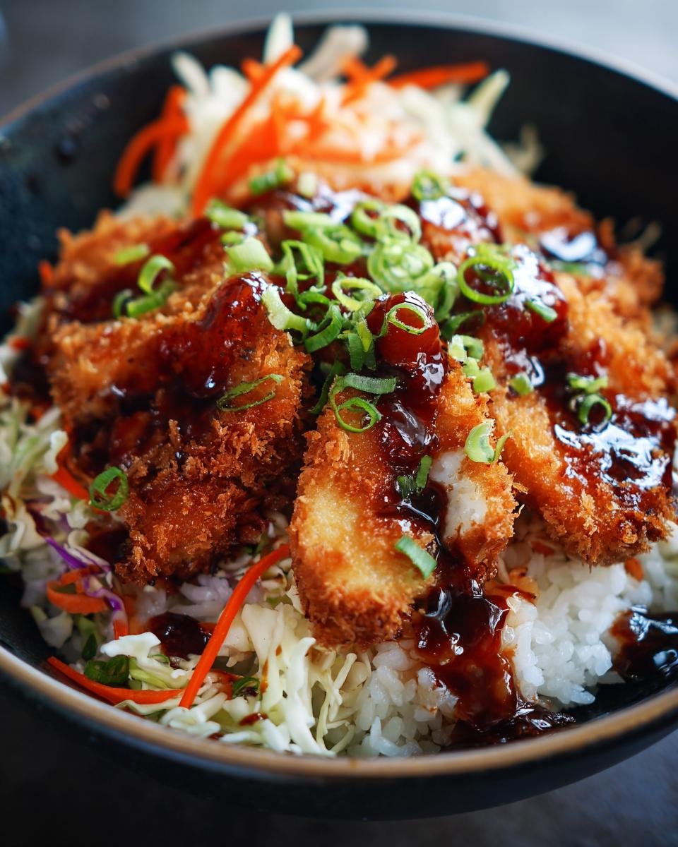 Nahaufnahme einer Japanese Katsu Bowl mit knusprigem Katsu, Reis, Krautsalat und Sauce, garniert mit Fr&uuml;hlingszwiebeln.
