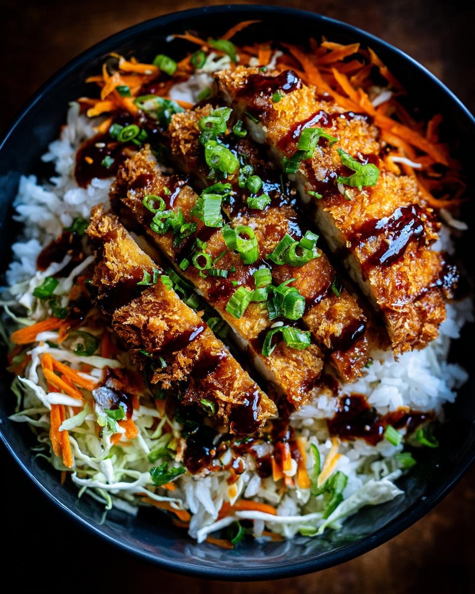 Nahaufnahme einer Japanese Katsu Bowl mit Reis, gebratenem Katsu, Krautsalat und Sauce.