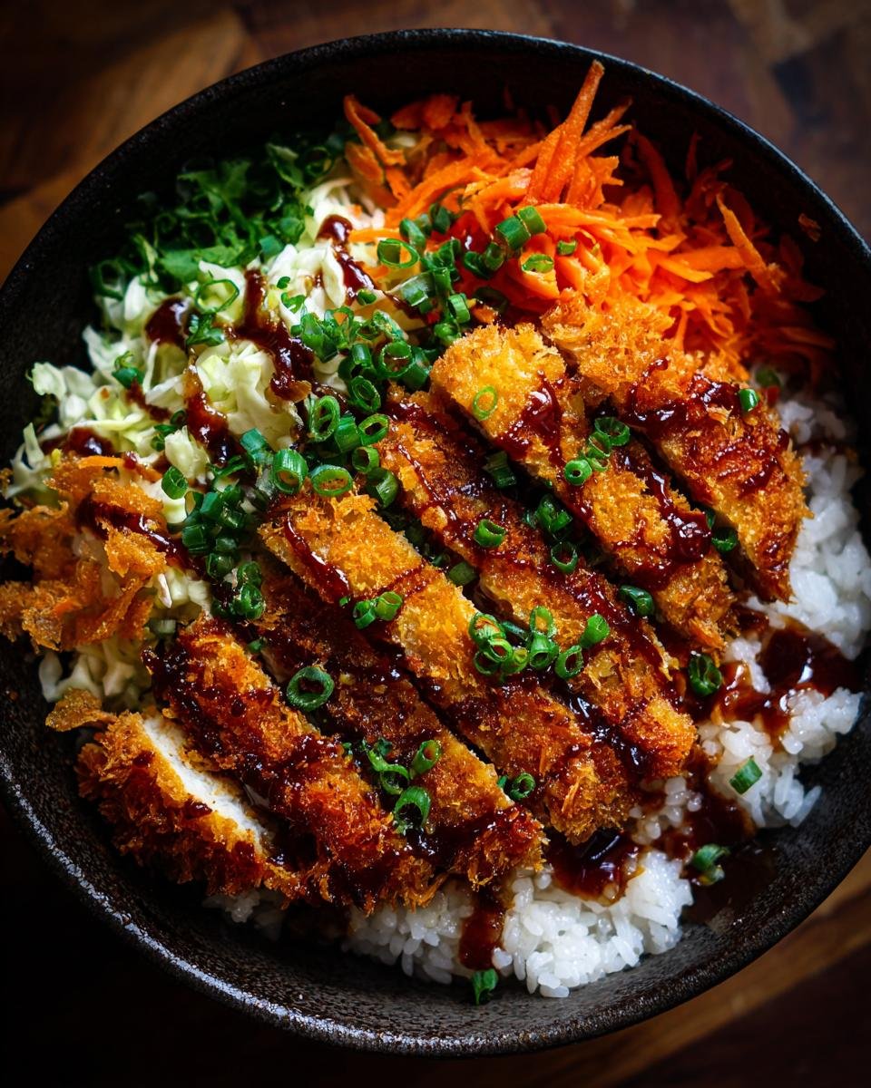 Nahaufnahme einer japanischen Katsu Bowl mit Reis, knusprigem Katsu, Kohl, Karotten und Fr&uuml;hlingszwiebeln, betr&auml;ufelt mit So&szlig;e.