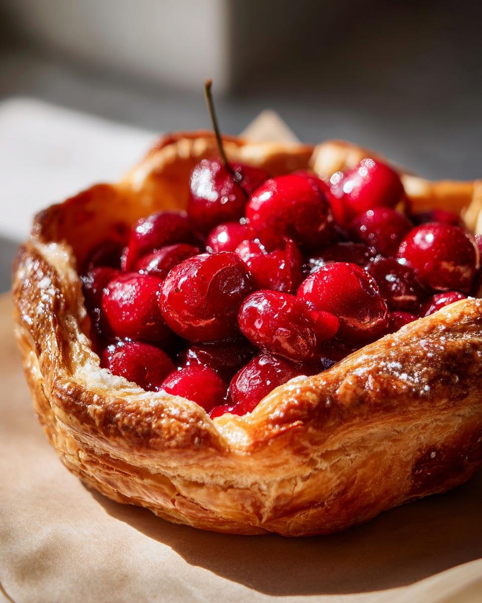 Nahaufnahme einer Kirsch-Blätterteig-Tarte mit saftigen Kirschen und knusprigem Blätterteig, bestäubt mit Puderzucker.