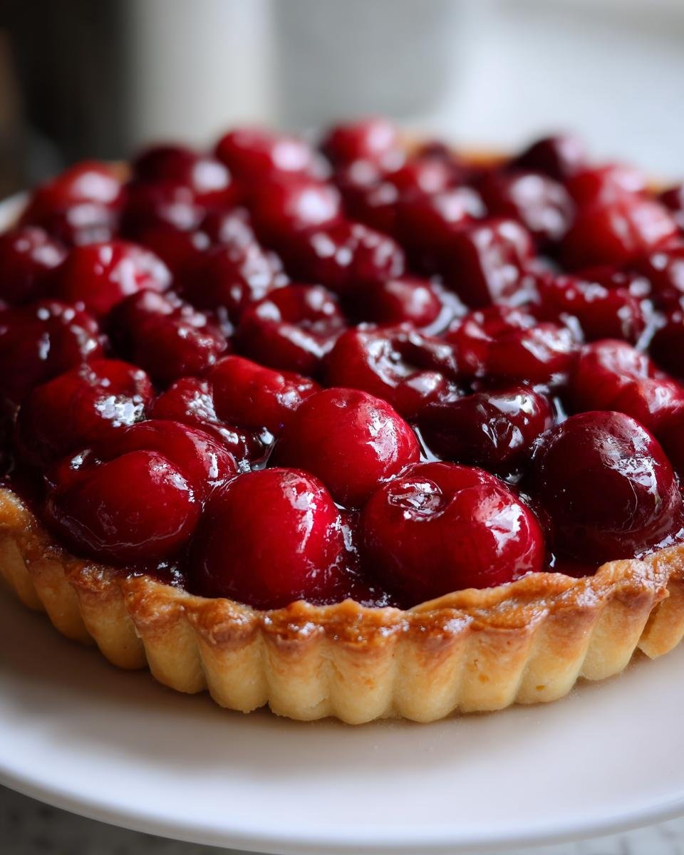 Nahaufnahme einer Kirsch-Blätterteig-Tarte mit saftigen Kirschen und goldbraunem Blätterteigboden.