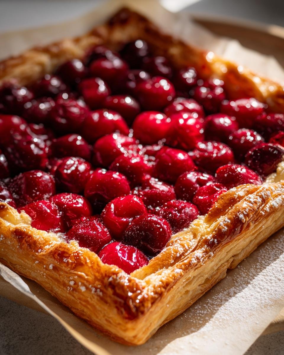 Nahaufnahme einer Kirsch-Blätterteig-Tarte mit Puderzucker bestäubt.