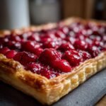 Nahaufnahme einer rechteckigen Kirsch-Bl&auml;tterteig-Tarte mit goldbraunem Bl&auml;tterteig und saftigen Kirschen.