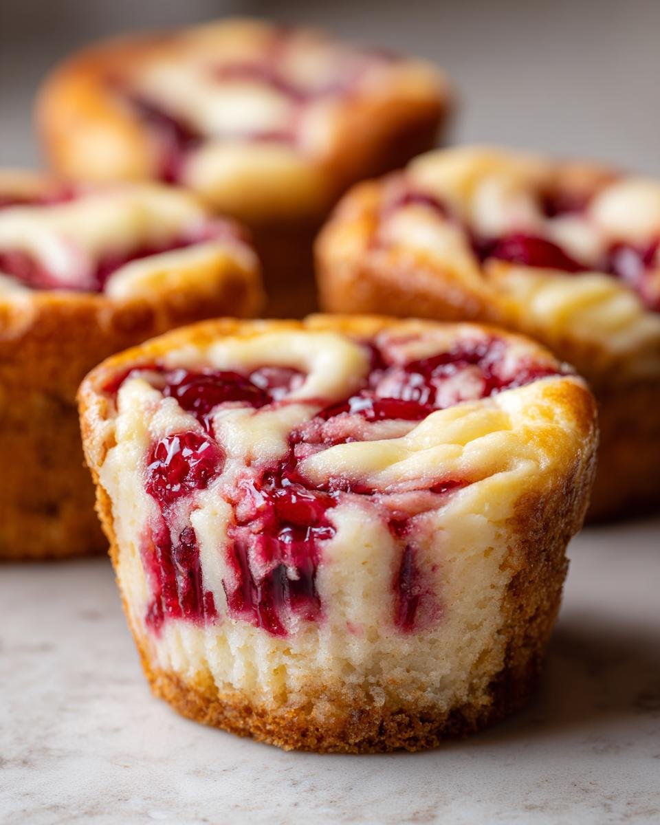 Nahaufnahme von Kirsch-Cheesecake-Cupcakes mit zarter K&auml;semasse und Kirschf&uuml;llung.