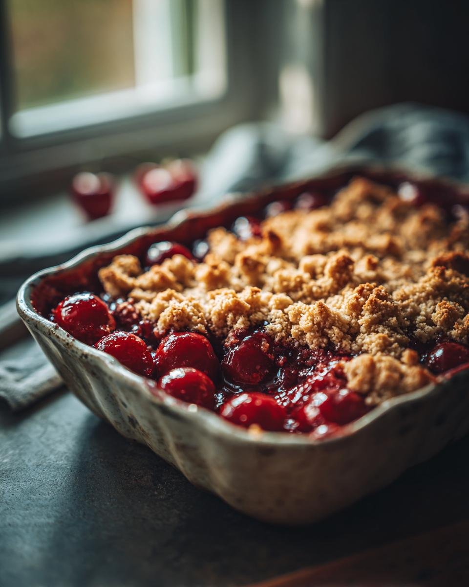 Nahaufnahme eines Kirsch Cobbler mit knuspriger Streuseldecke und saftigen Kirschen.