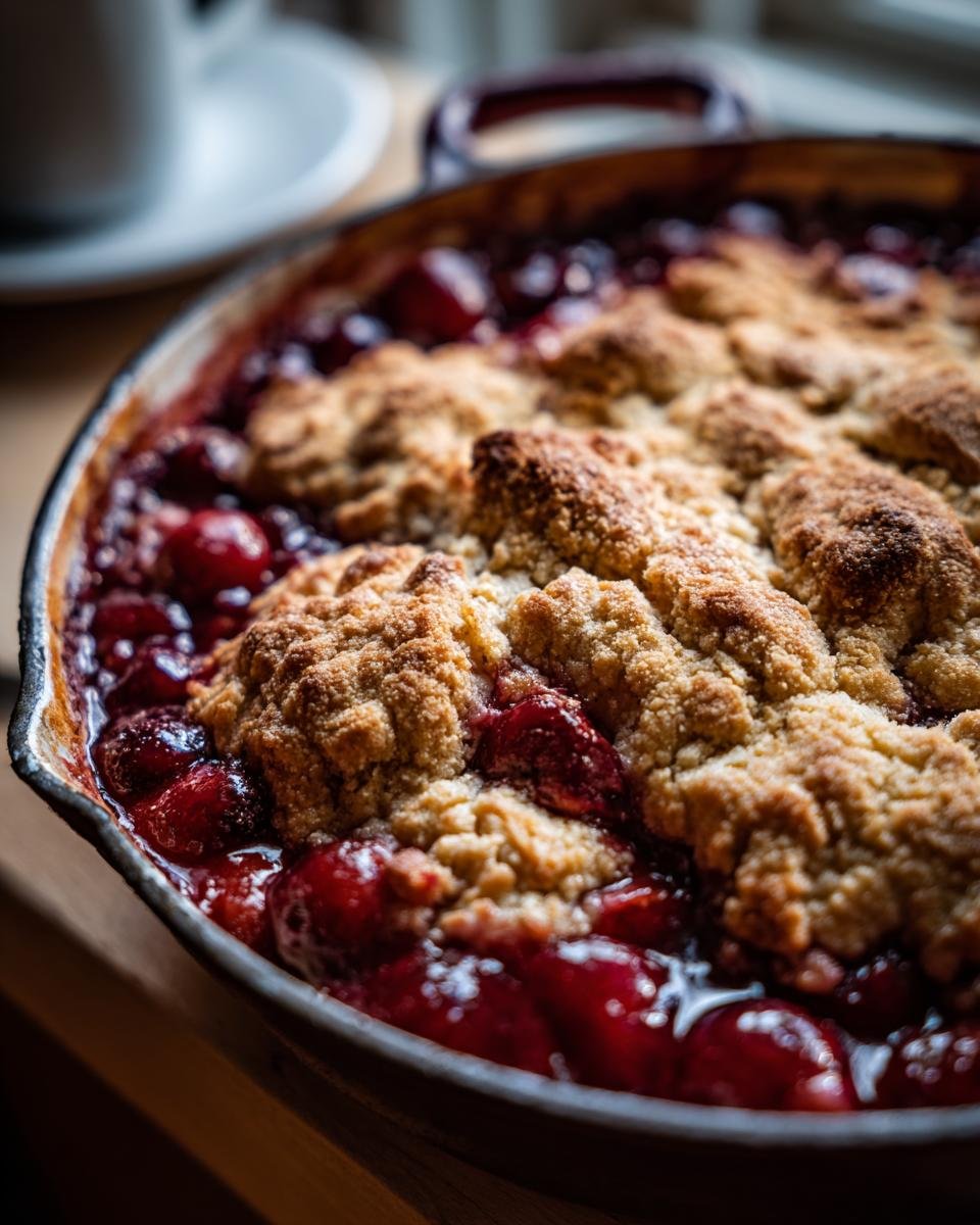 Nahaufnahme eines frisch gebackenen Kirsch Cobblers in einer gusseisernen Pfanne, mit saftigen Kirschen und knusprigem Streuselbelag.