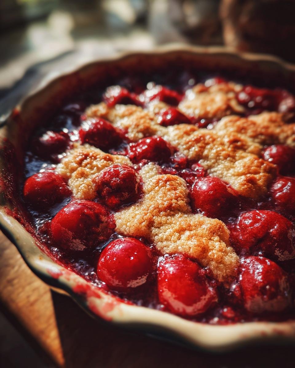 Nahaufnahme eines Kirsch Cobblers mit saftigen Kirschen und knusprigem Topping, ein gem&uuml;tliches Dessert.