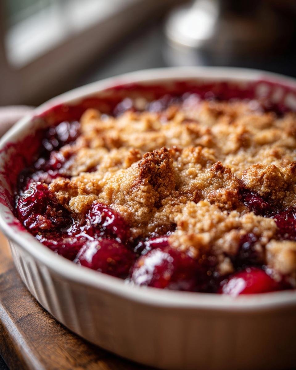 Nahaufnahme eines Kirsch Cobblers in einer Auflaufform, mit knuspriger Kruste und saftigen Kirschen.