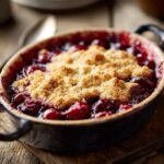 Nahaufnahme eines Kirsch Cobblers in einer Auflaufform, mit knuspriger Kruste und saftigen Kirschen.
