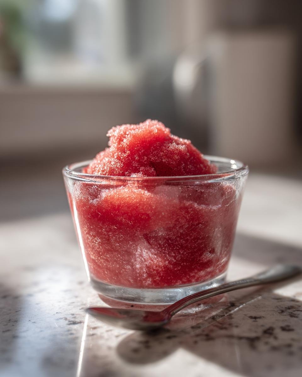 Ein Glas mit erfrischendem Kirschsorbet f&uuml;r Sommergl&uuml;ck, daneben eine L&ouml;ffel.