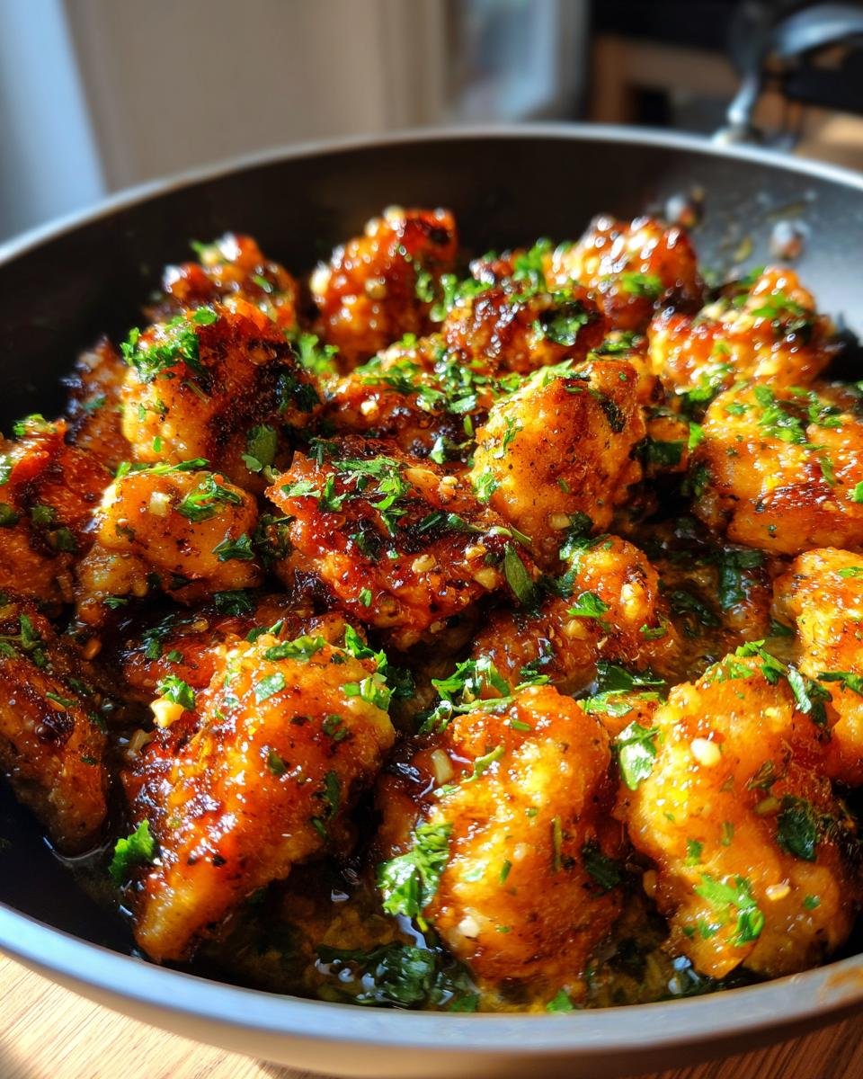 Nahaufnahme von knusprigen Knoblauch-Butter-H&auml;hnchen-Bites, garniert mit frischer Petersilie in einer Pfanne.