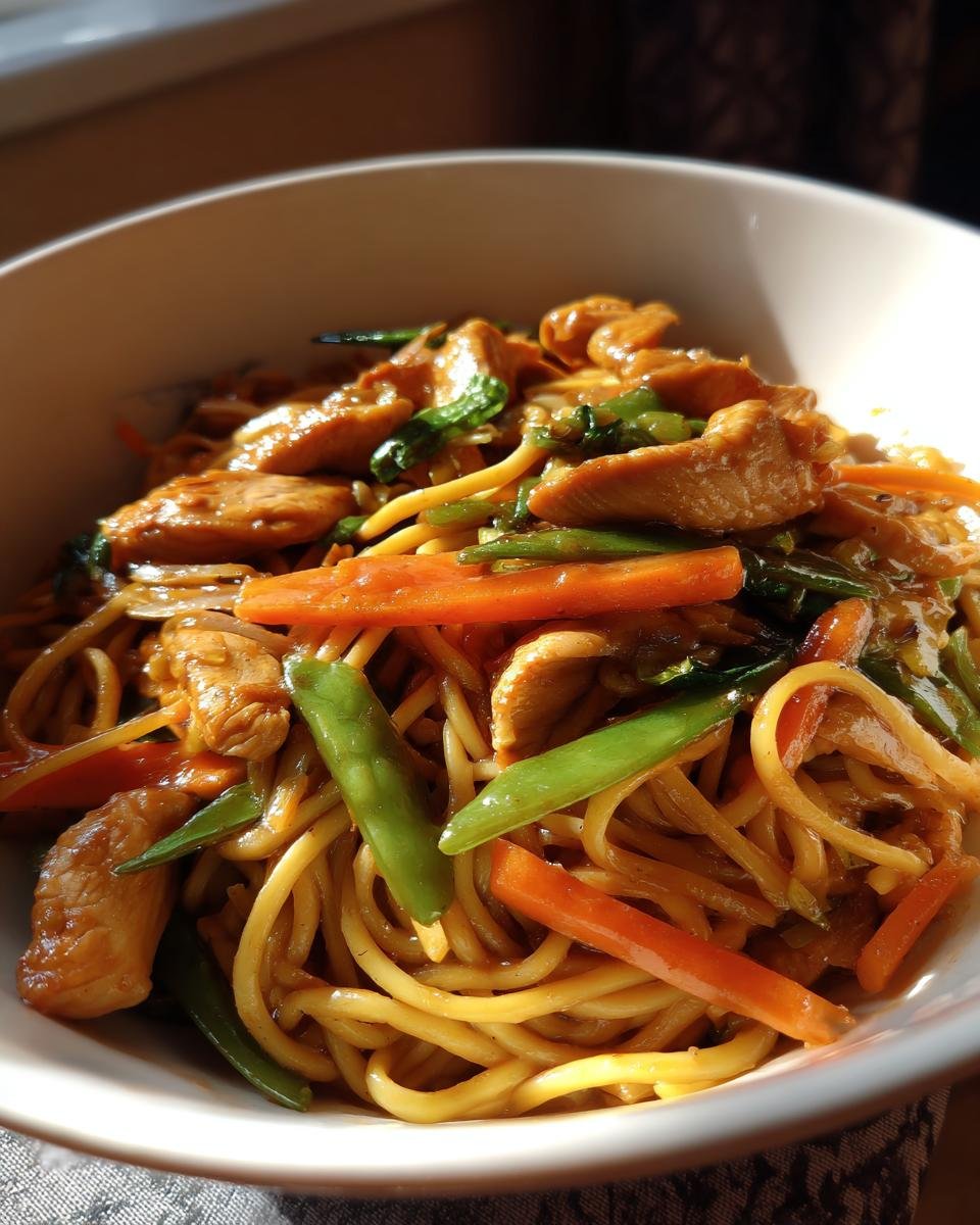 Nahaufnahme von Knoblauch H&auml;hnchen Lo Mein mit Nudeln, H&auml;hnchenstreifen, Karotten und Zuckerschoten.