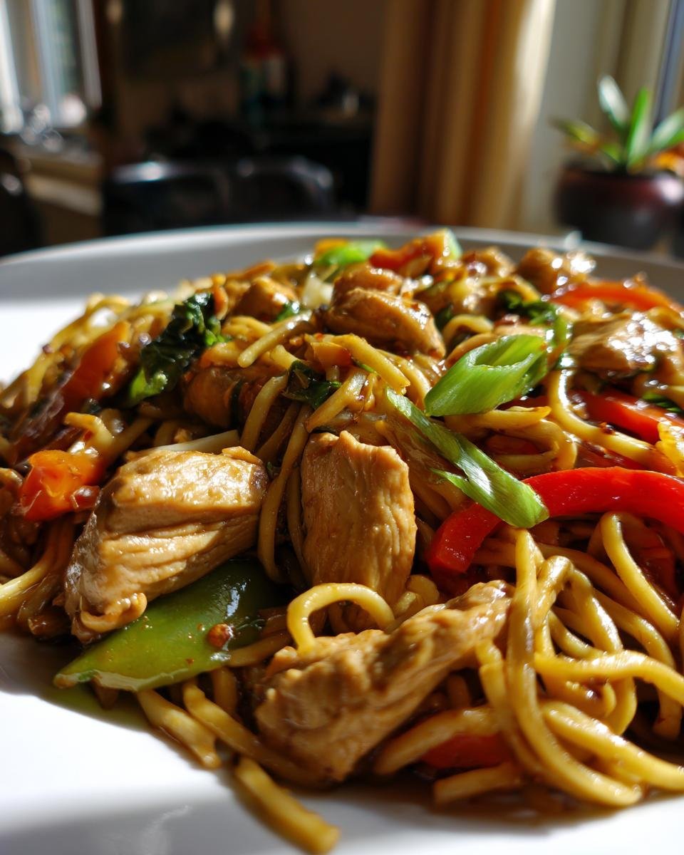 Nahaufnahme eines Tellers mit Knoblauch H&auml;hnchen Lo Mein, mit Nudeln, H&auml;hnchenst&uuml;cken, Paprika und Fr&uuml;hlingszwiebeln.