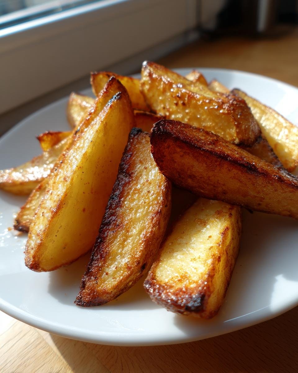Nahaufnahme von goldbraunen, knusprigen Air Fryer Kartoffeln (Wedges) auf einem wei&szlig;en Teller.