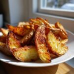 Nahaufnahme von knusprigen Kartoffelecken aus der Hei&szlig;luftfritteuse auf einem wei&szlig;en Teller.