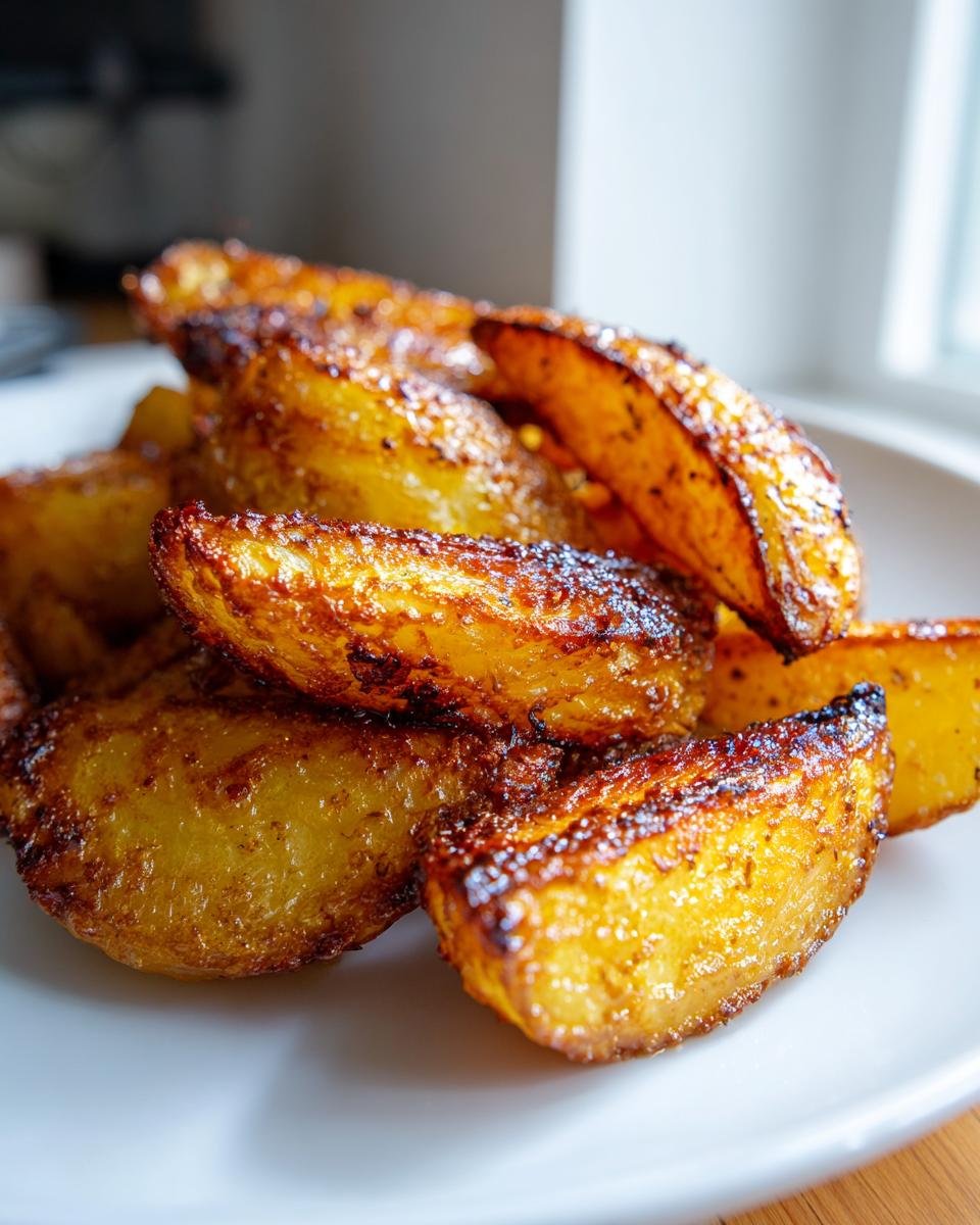 Nahaufnahme von goldbraunen, knusprigen Kartoffelecken, zubereitet als Crispy Air Fryer Potatoes.