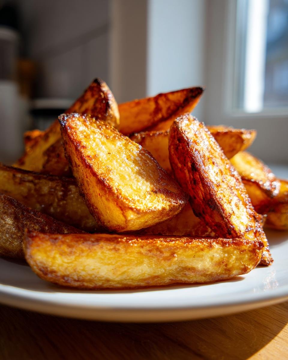 Nahaufnahme von goldbraunen, knusprigen Kartoffelecken, zubereitet als Crispy Air Fryer Potatoes.