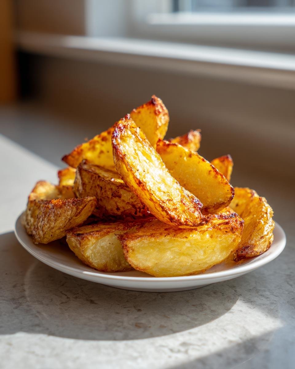 Ein Teller mit goldbraunen, knusprigen Kartoffelspalten aus der Hei&szlig;luftfritteuse, perfekt zubereitet.