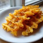 Nahaufnahme von knusprigen, goldbraunen Cheesy Potato Waffles, bestreut mit dunklen Kr&auml;utern auf einem wei&szlig;en Teller.