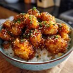 Sch&uuml;ssel mit Reis und knusprigem Orangen-H&auml;hnchen-Gl&uuml;ck, bestreut mit Sesam und Fr&uuml;hlingszwiebeln.