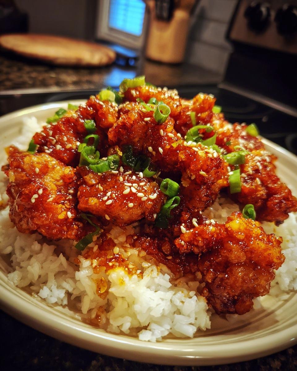 Nahaufnahme von knusprigem Orangen-H&auml;hnchen Delight auf einer Sch&uuml;ssel mit Reis, garniert mit Fr&uuml;hlingszwiebeln und Sesam.