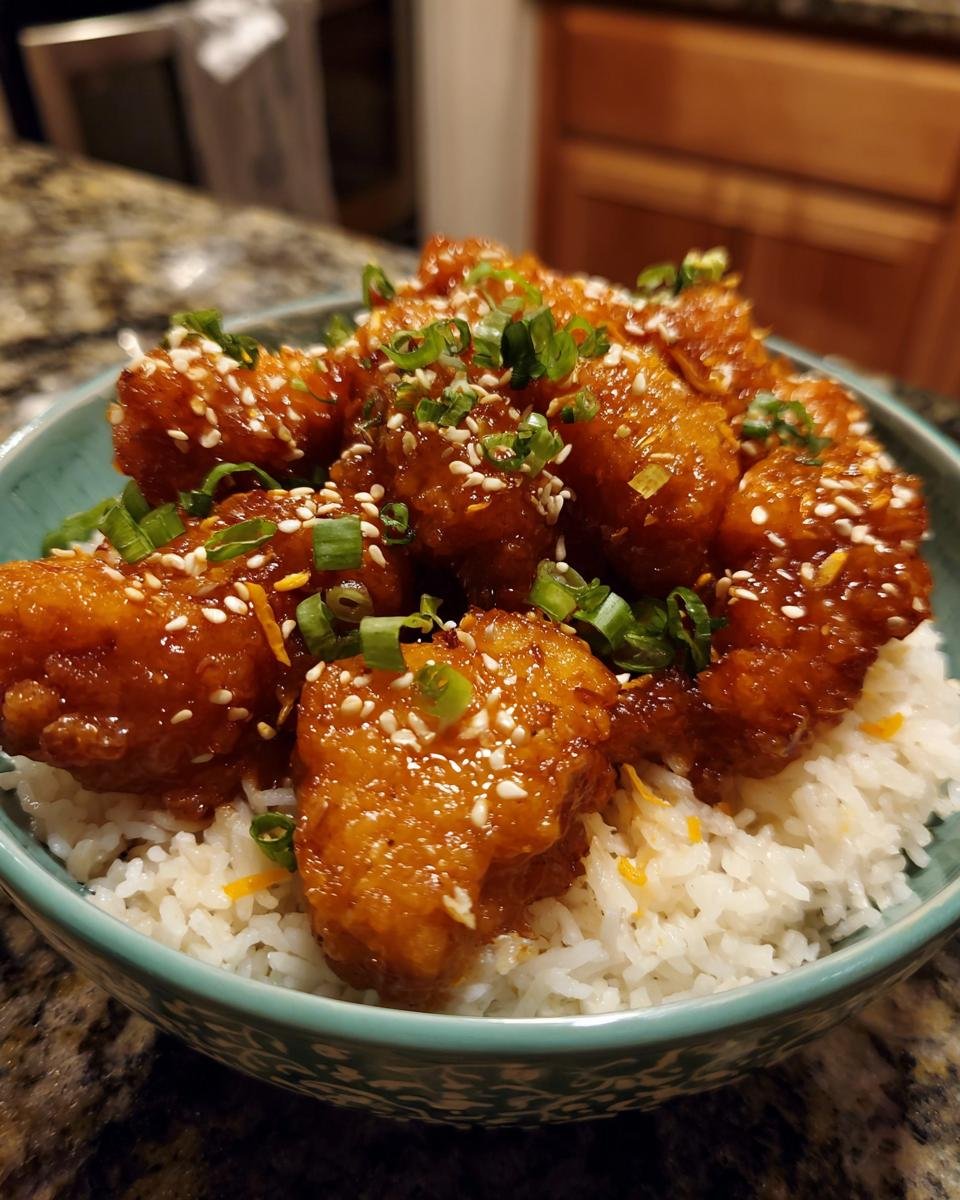 Nahaufnahme von knusprigem Orangen-H&auml;hnchen Delight, bestreut mit Sesam und Fr&uuml;hlingszwiebeln, serviert auf wei&szlig;em Reis in einer Sch&uuml;ssel.